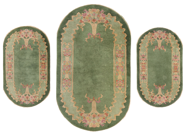 3 x 4 Antique Green Chinese Art Deco Oval Rug 78991