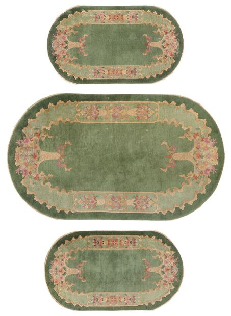 4 x 7 Antique Green Chinese Art Deco Oval Rug 78992