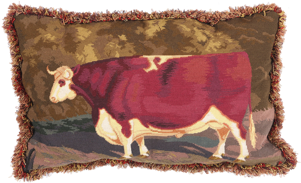 2 x 3 Antique French Needlepoint Shorthorn Ox Tapestry Pillow 79144