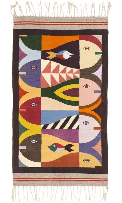 3 x 5 Vintage Tessellated Fish Zapotec Kilim Rug 79154