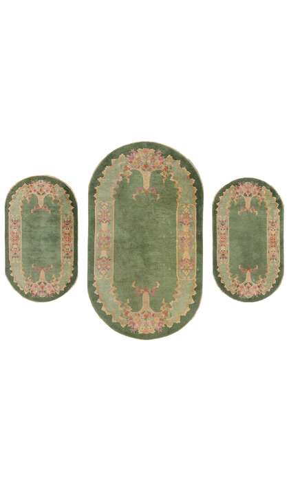 4 x 7 Antique Green Chinese Art Deco Oval Rug 78992