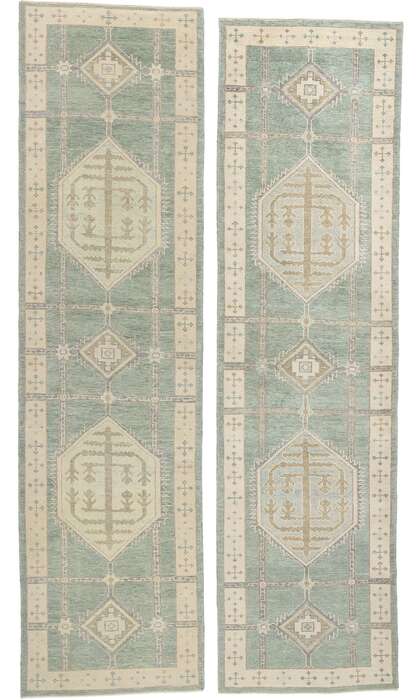 4 x 14 Modern Green Turkish Oushak Rug 53984 Matching Pair