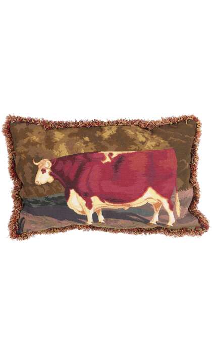 2 x 3 Antique French Needlepoint Shorthorn Ox Tapestry Pillow 79144